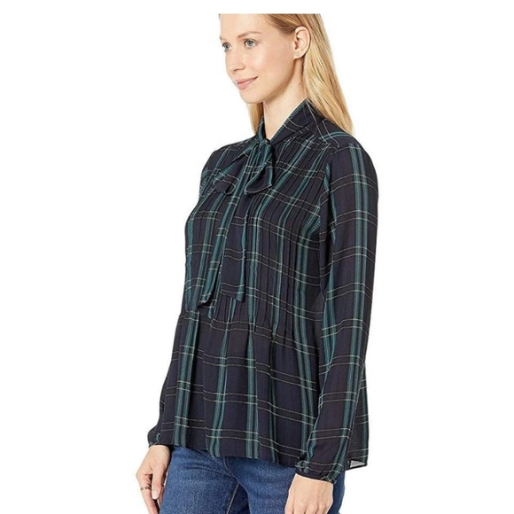 1.State Plaid Georgette Long Sleeve Tie Neck Pintuck Sleek Plaid Blouse XS - Picture 2 of 4